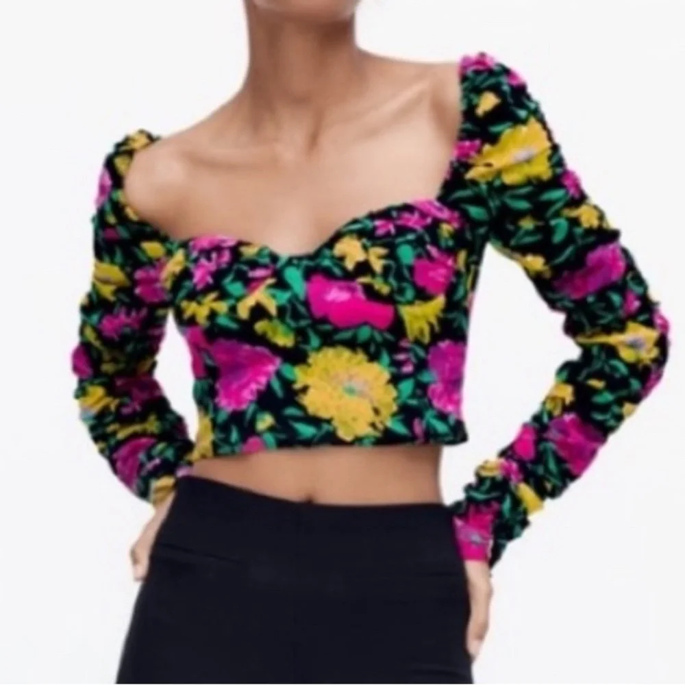 Zara Floral Top Long Sleeve Cropped Size XS - Picture 1 of 9